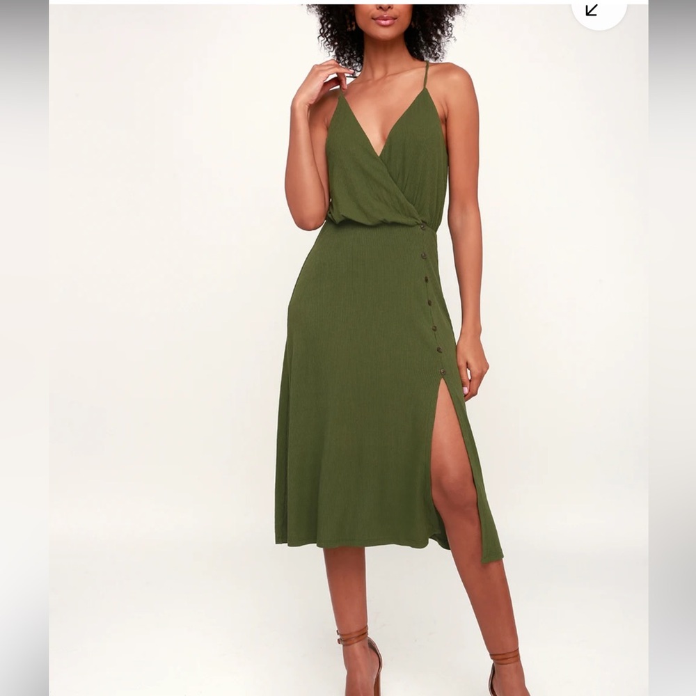 Lulus x Lush Palm Tree Breeze Olive Green Ribbed Midi Dress